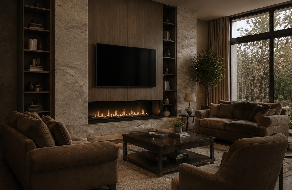 Living room at dusk with a linear fire set in a stone wall, walnut panelling and deep sofas